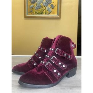 GIANNI BINI Burgundy Red Velvet Buckle Stud Spike Ankle Boots 6.5 M